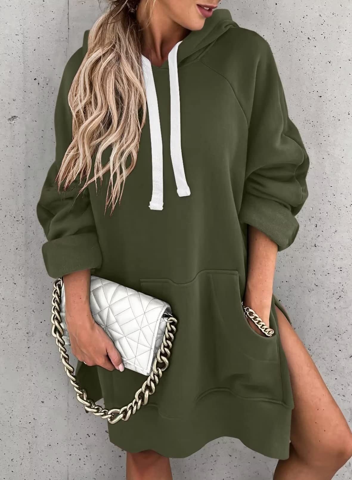 Women's Hooded Sweatshirt With Pockets Fashion Casual Split Mid-length Sweater Drawstring Tops