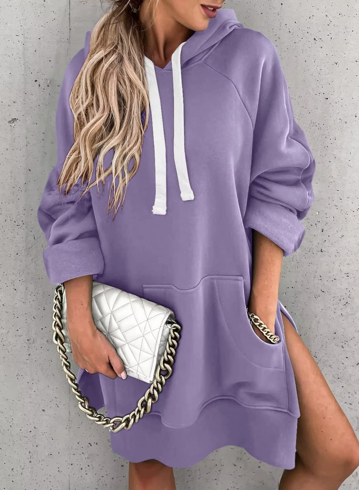 Women's Hooded Sweatshirt With Pockets Fashion Casual Split Mid-length Sweater Drawstring Tops